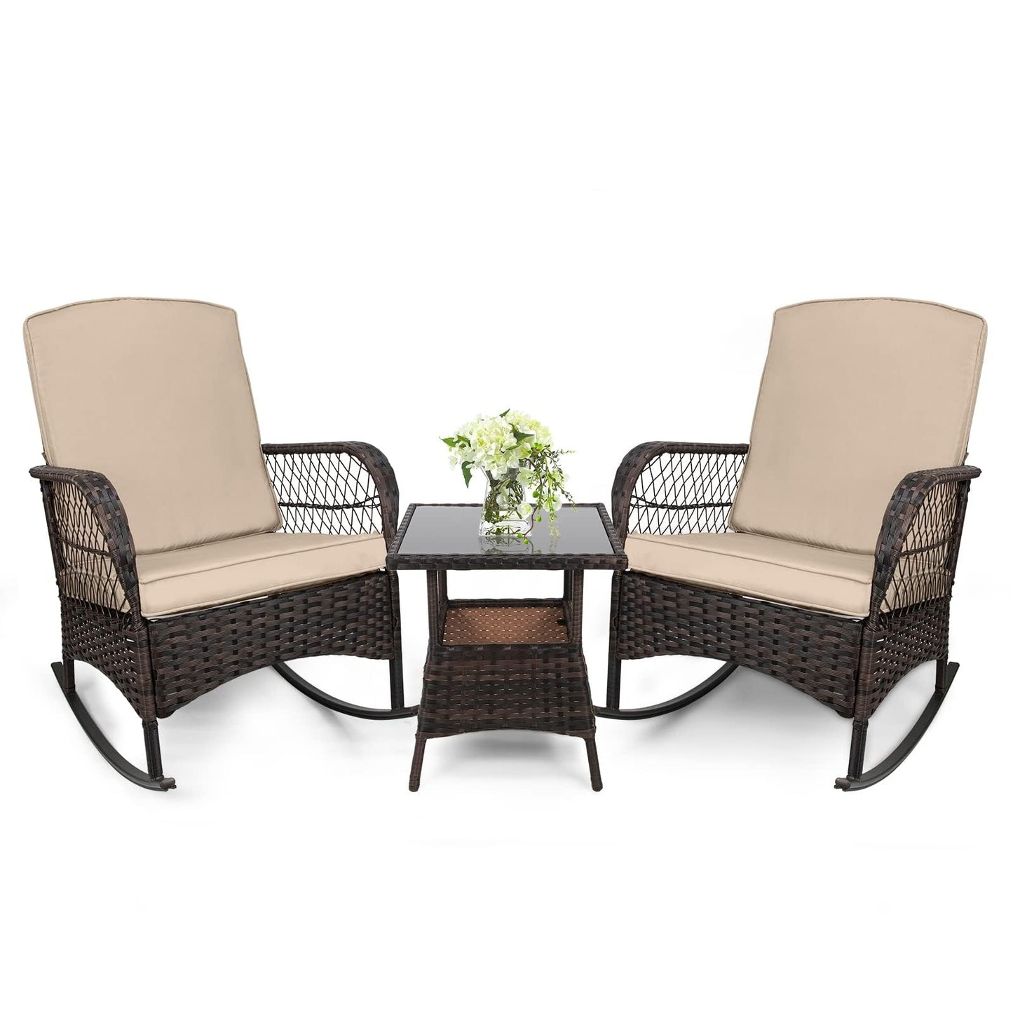 LEVELEVE 3 pcs Rocking Bistro Set Conversation Chairs PE Wicker Outdoor Rocking Chairs(Rocking Set,Sand)