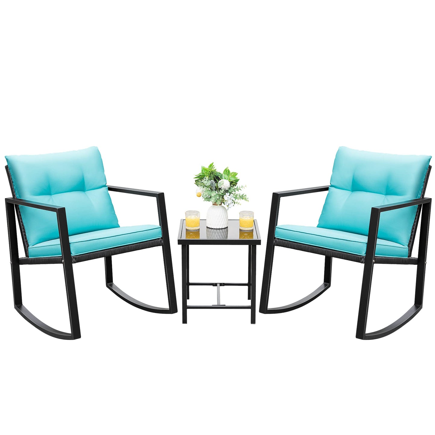 Devoko 3 Piece Rocking Bistro Set Wicker Patio Outdoor Furniture Porch Chairs Conversation Sets with Glass Coffee Table (Beige)