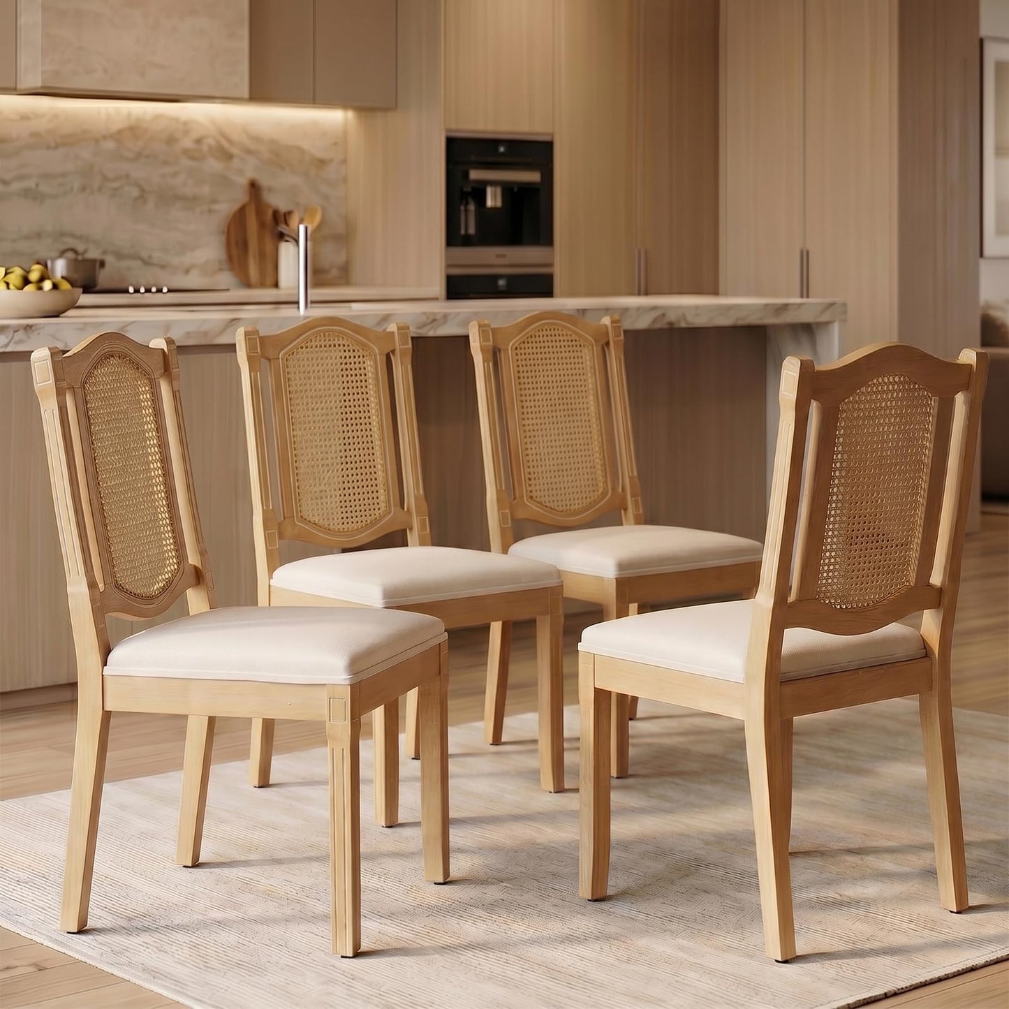 Farmhouse Dining Chairs Set of 4, French Country Woven Kitchen & Dining Room Chairs, Boho Woven Back Linen Upholstered Kitchen Chair, Solid Wood Frame, Sillas de Comedor (Beige, Woven, 4 Pcs)