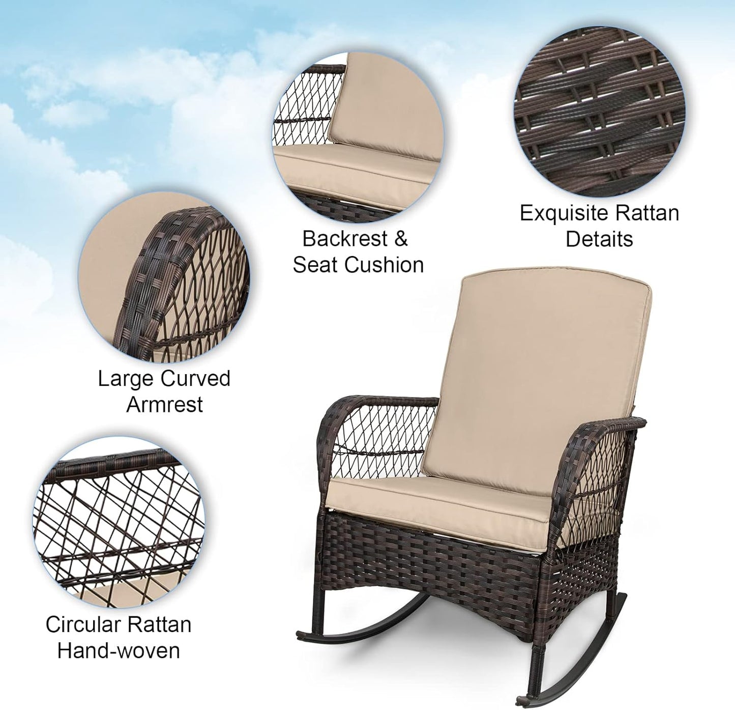 LEVELEVE 3 pcs Rocking Bistro Set Conversation Chairs PE Wicker Outdoor Rocking Chairs(Rocking Set,Sand)