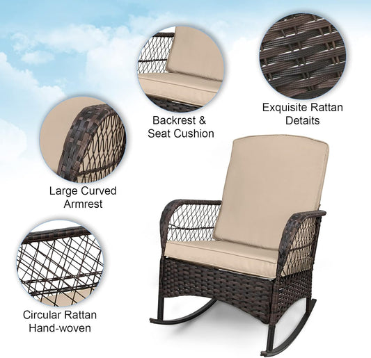 LEVELEVE 3 pcs Rocking Bistro Set Conversation Chairs PE Wicker Outdoor Rocking Chairs(Rocking Set,Sand)