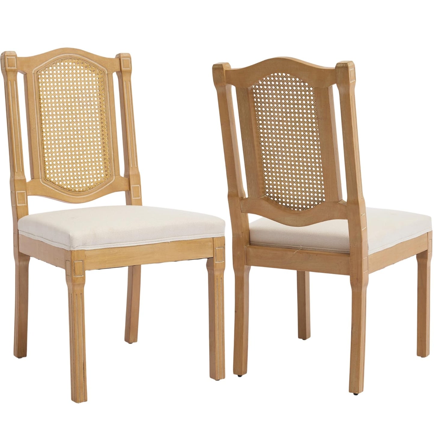 French Country Dining Chairs Set of 6, Ivory Boho Style Woven Back Kitchen Chairs, Linen Upholstered Seats with Wood Legs for Kitchen & Dining Room, Sillas de Comedor (Beige, 6Pcs)