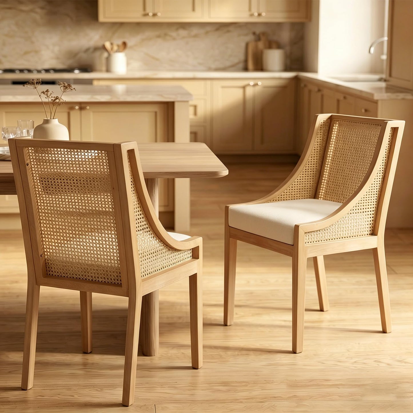 Farmhouse Dining Chairs Set of 4, French Country Woven Kitchen & Dining Room Chairs, Boho Woven Back Linen Upholstered Kitchen Chair, Solid Wood Frame, Sillas de Comedor (Beige, Woven, 4 Pcs)