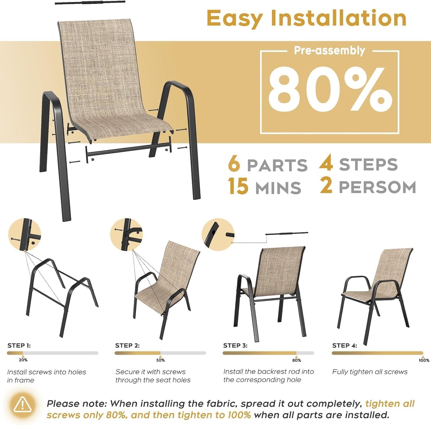 Patio Dining Chairs Set of 4 Outdoor Stackable Dining Chairs for All Weather 350lbs Capacity Heavy Duty Textilene Fabric Rustproof Metal Frame Patio Furniture for Backyard Garden Poolside (Brown)