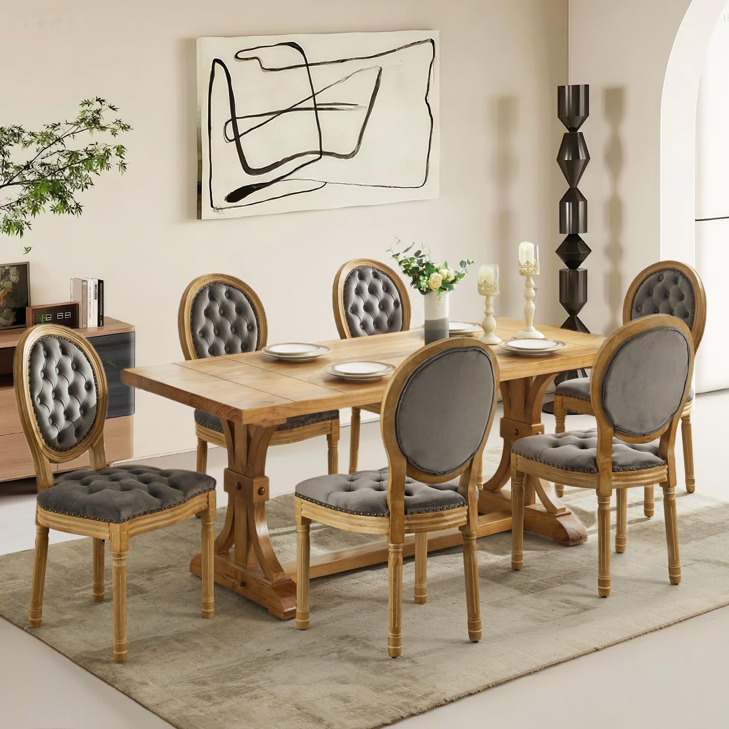 Rattan Dining Chairs Set of 4, French Country Cane Back Upholstered Kitchen Chairs, Solid Wood Farmhouse Side Chairs, Beige