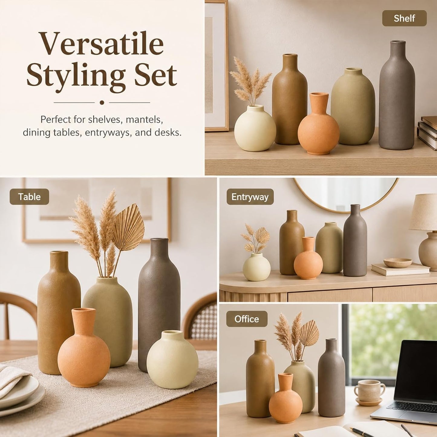 Neutral Ceramic Vase Set – 5 Matte Earth-Tone Vases for Japandi, Scandinavian, or Minimalist Home Decor, Table, Entryway, Shelf & Mantel Styling
