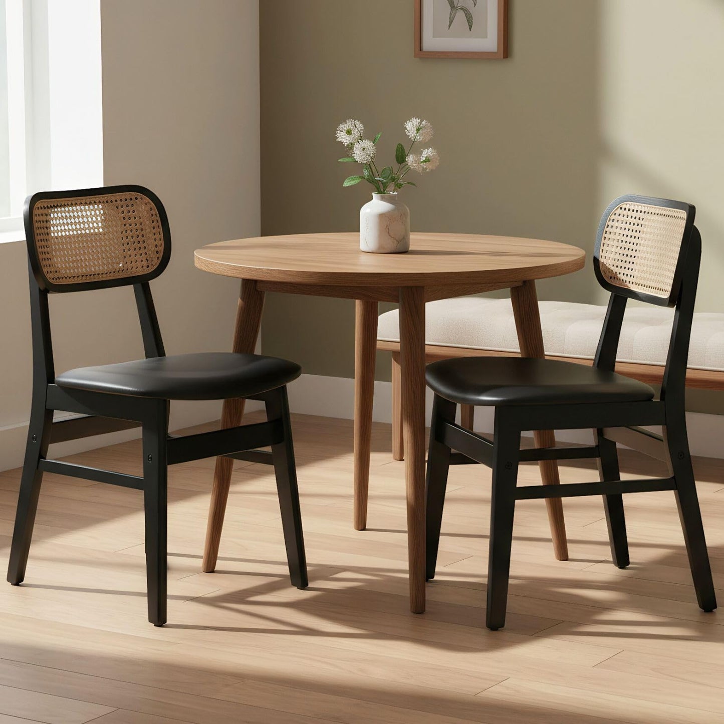 ROCITY Rattan Dining Chairs Set of 2 Beige Linen Fabric Dining Room Chairs Natural Wooden Kitchen Chairs Farmhouse Boho