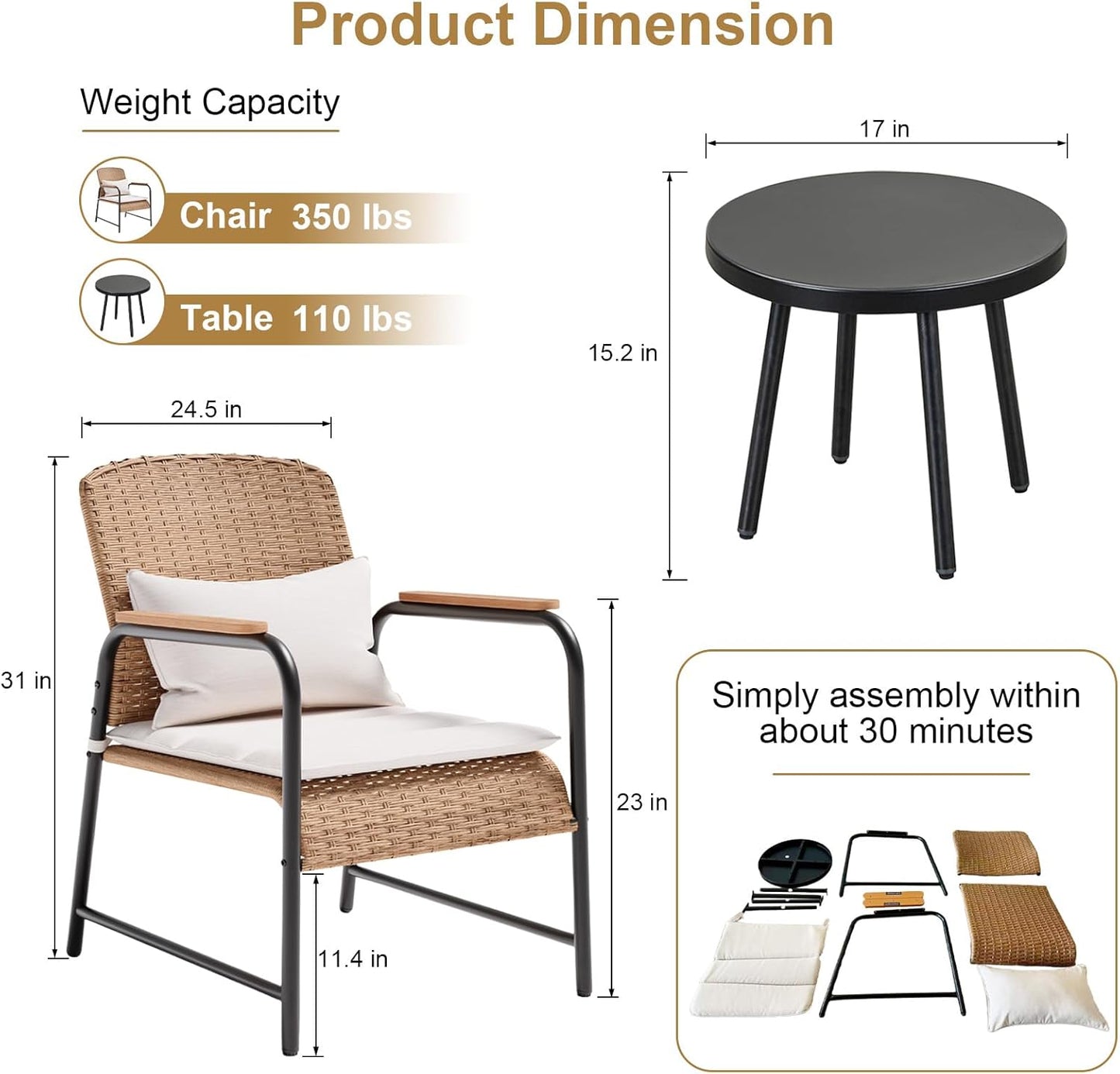 JOYURE 3 Pieces Outdoor Patio Furniture Set,All-Weather Wicker Rattan Bistro Set with Coffee Table and Cushions for Yard,Garden,Balcony,Beige