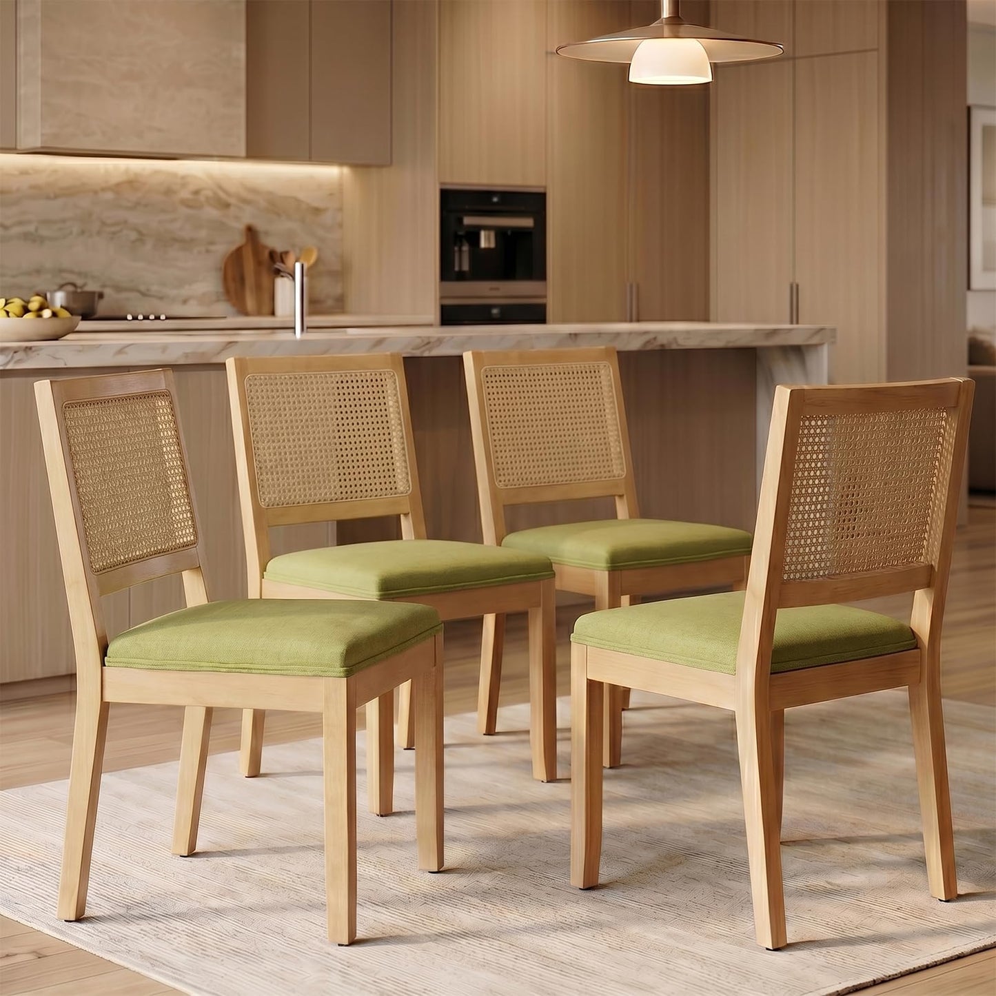 Farmhouse Dining Chairs Set of 6, French Country Rattan Kitchen & Dining Room Chairs, Cane Back Ivory Linen Upholstered Kitchen Chair, Solid Wood Frame, Sillas de Comedor (Beige, Rattan, 6 Pcs)