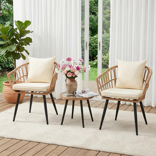 3-Piece Beige Wicker Bistro Set All-Weather Outdoor Patio Furniture