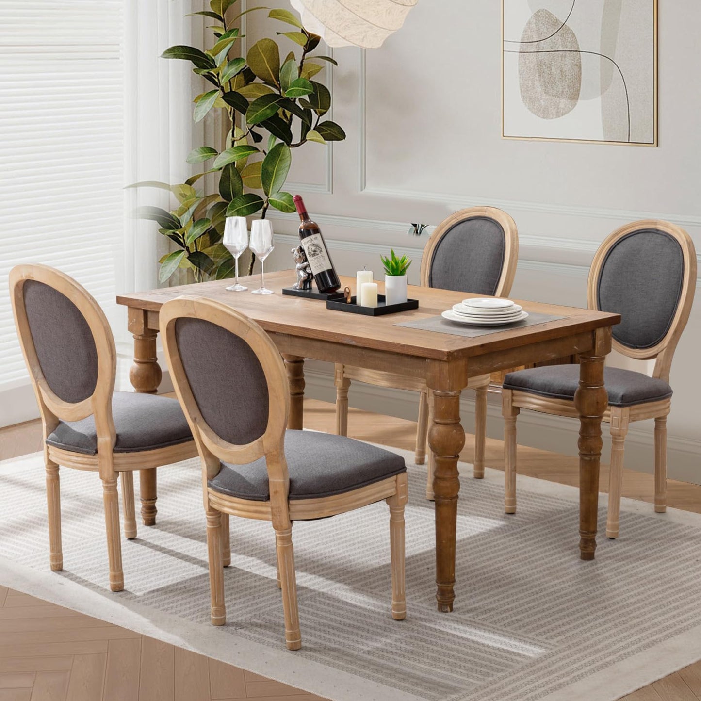 Rattan Dining Chairs Set of 4, French Country Cane Back Upholstered Kitchen Chairs, Solid Wood Farmhouse Side Chairs, Beige