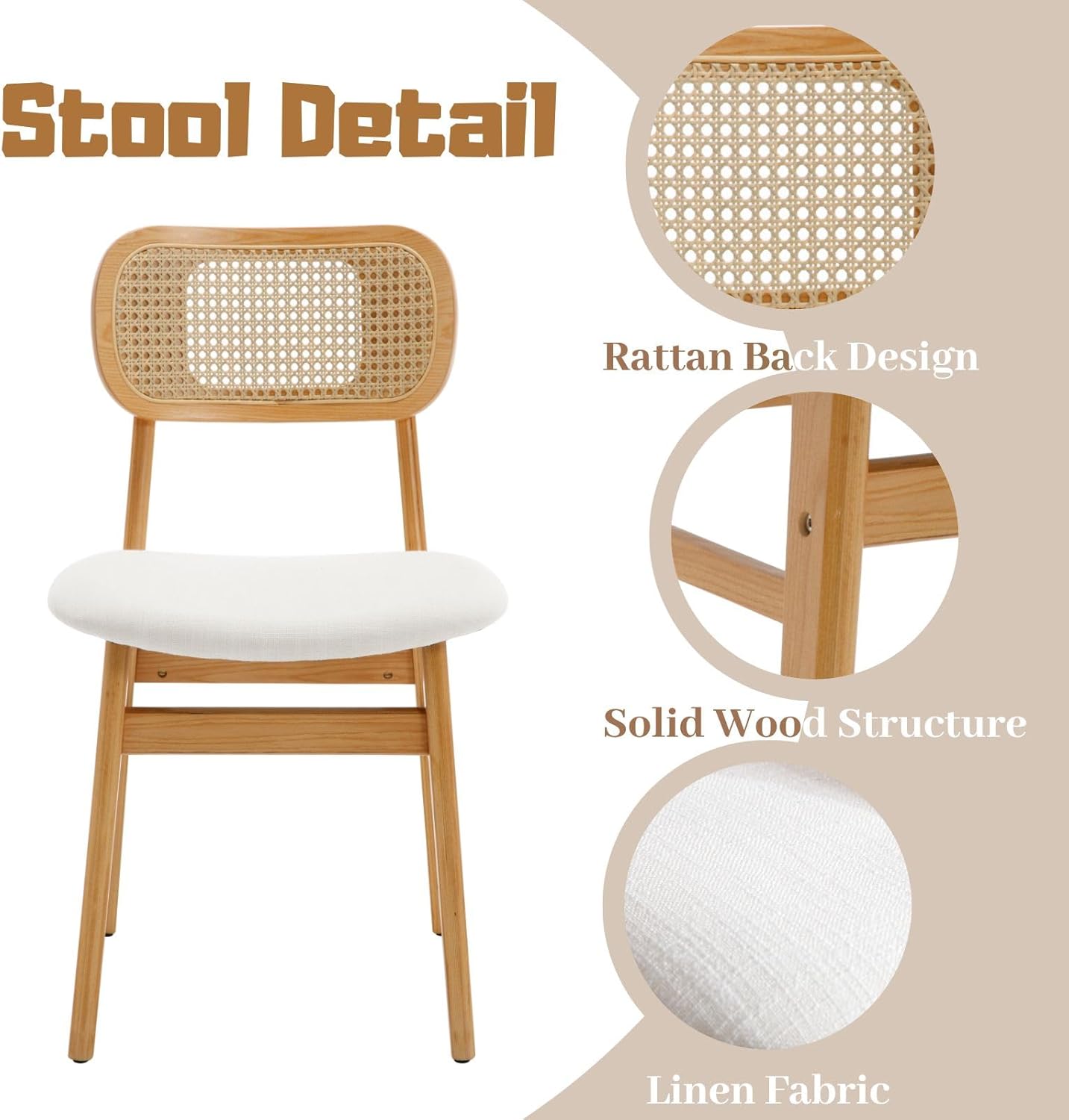 ROCITY Rattan Dining Chairs Set of 2 Beige Linen Fabric Dining Room Chairs Natural Wooden Kitchen Chairs Farmhouse Boho