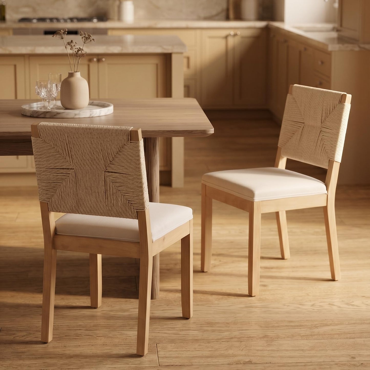 Farmhouse Dining Chairs Set of 4, French Country Woven Kitchen & Dining Room Chairs, Boho Woven Back Linen Upholstered Kitchen Chair, Solid Wood Frame, Sillas de Comedor (Beige, Woven, 4 Pcs)
