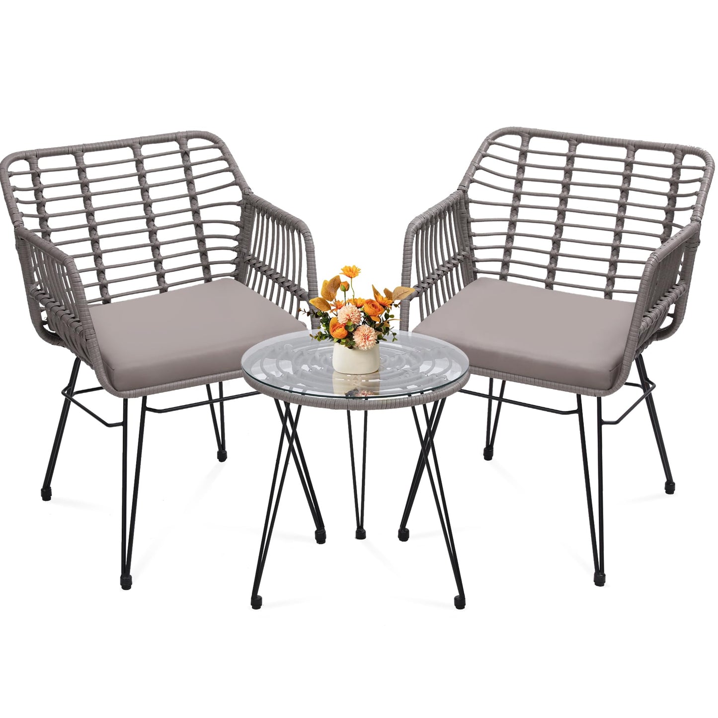 KROFEM 3 Piece Wicker Patio Bistro Furniture Set, Includes 2 Rattan Chairs and Glass Top Table, Ideal for Porch, Outdoor, Backyard, Apartment, Balcony, Natural