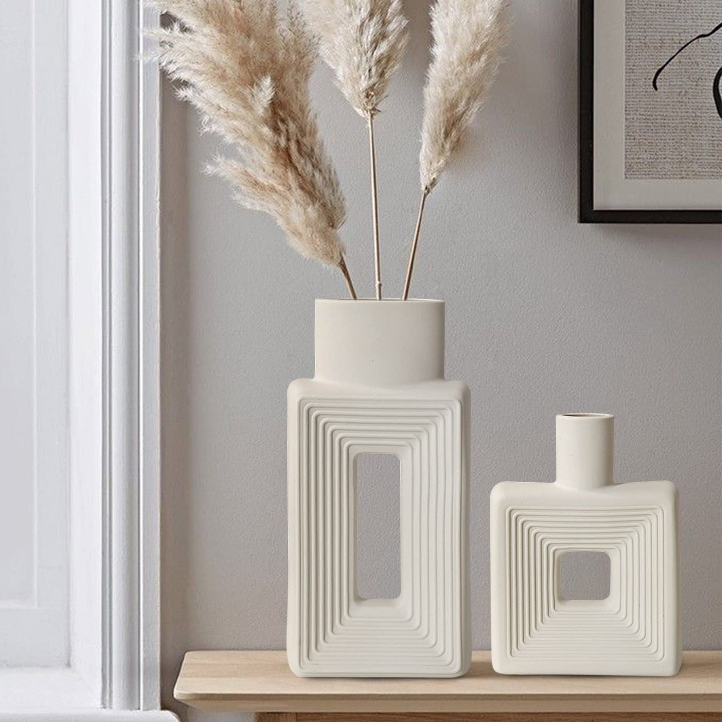 Ceramic Vase - Set of 2 for Home Decor,White Flower Shape Pampas Vases Minimalist Nordic Boho Style for Modern Farmhouse Decor, Living Room、 Kitchen、Mantle、Bedroom、Dining Table、Office