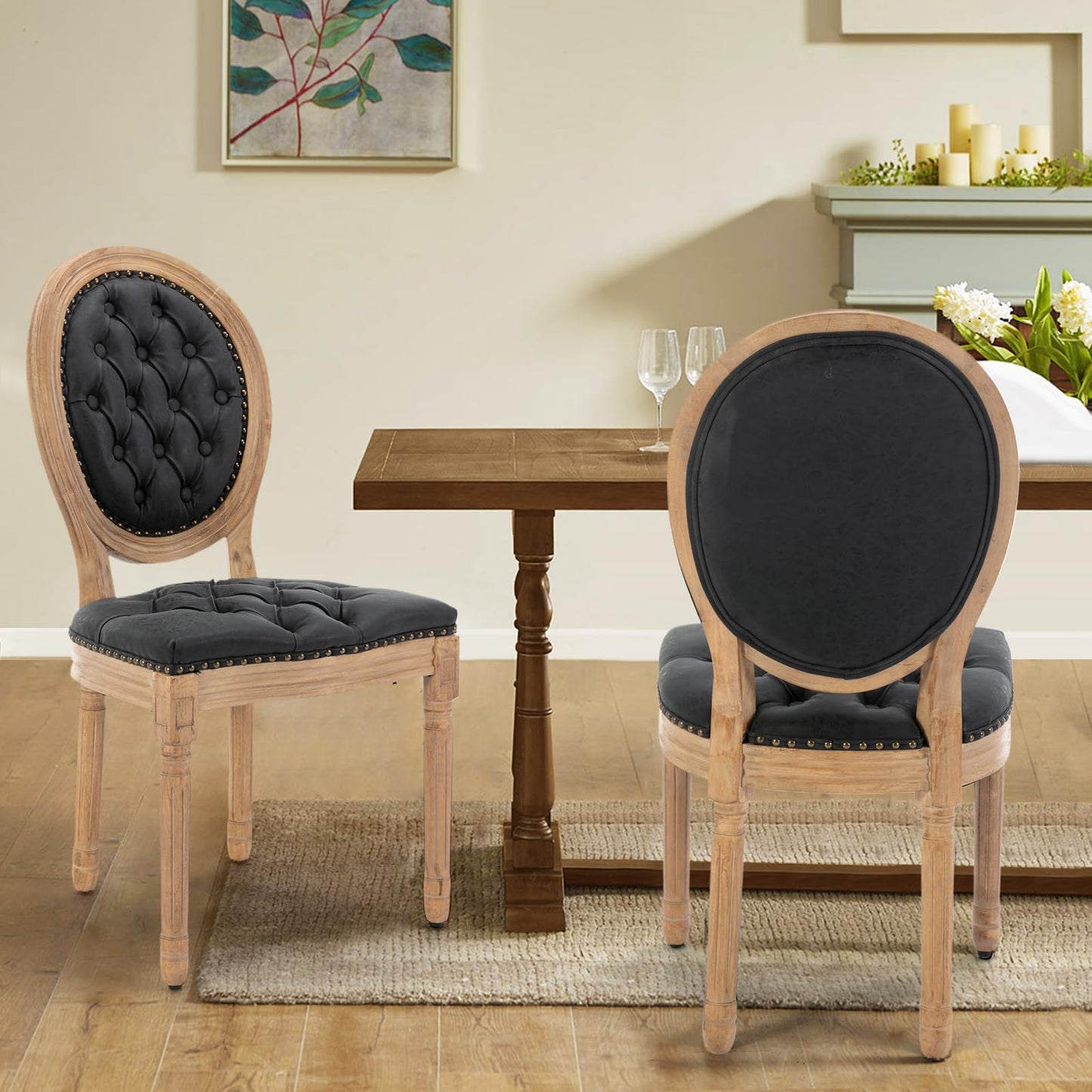 Rattan Dining Chairs Set of 4, French Country Cane Back Upholstered Kitchen Chairs, Solid Wood Farmhouse Side Chairs, Beige