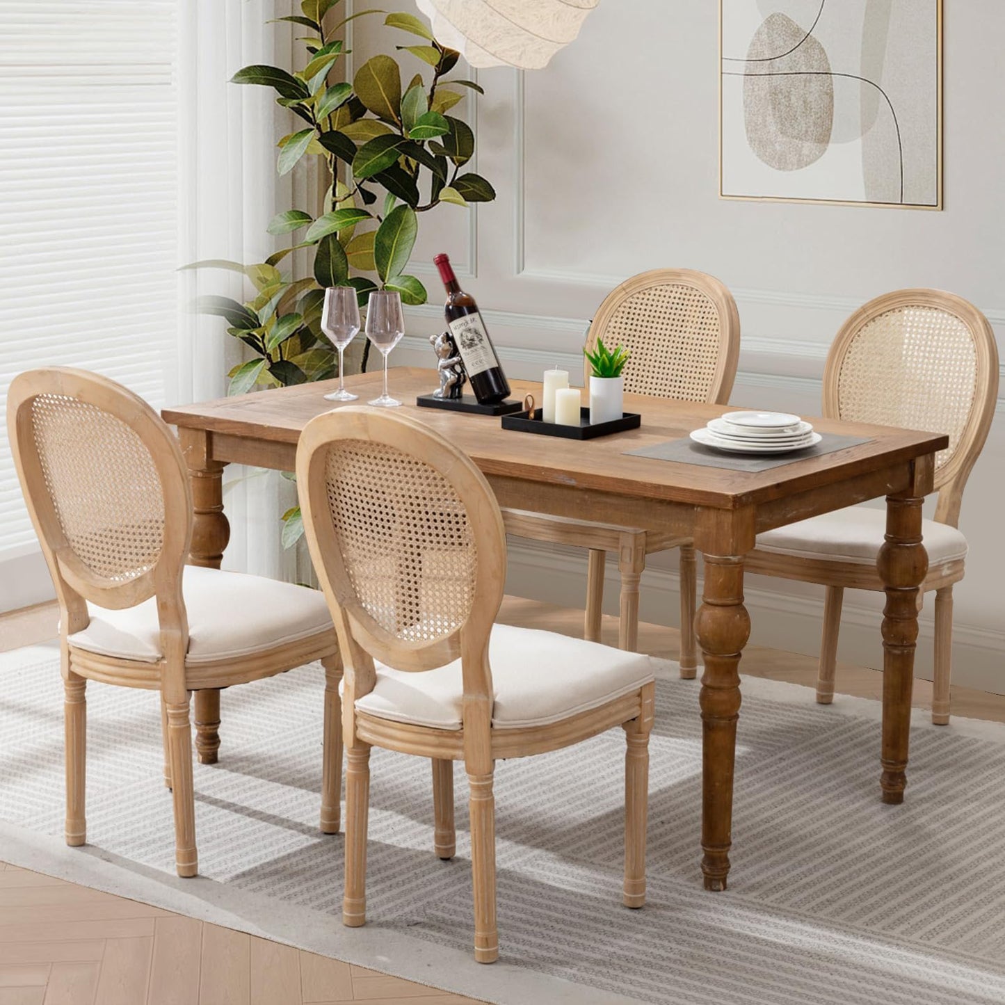 Rattan Dining Chairs Set of 4, French Country Cane Back Upholstered Kitchen Chairs, Solid Wood Farmhouse Side Chairs, Beige