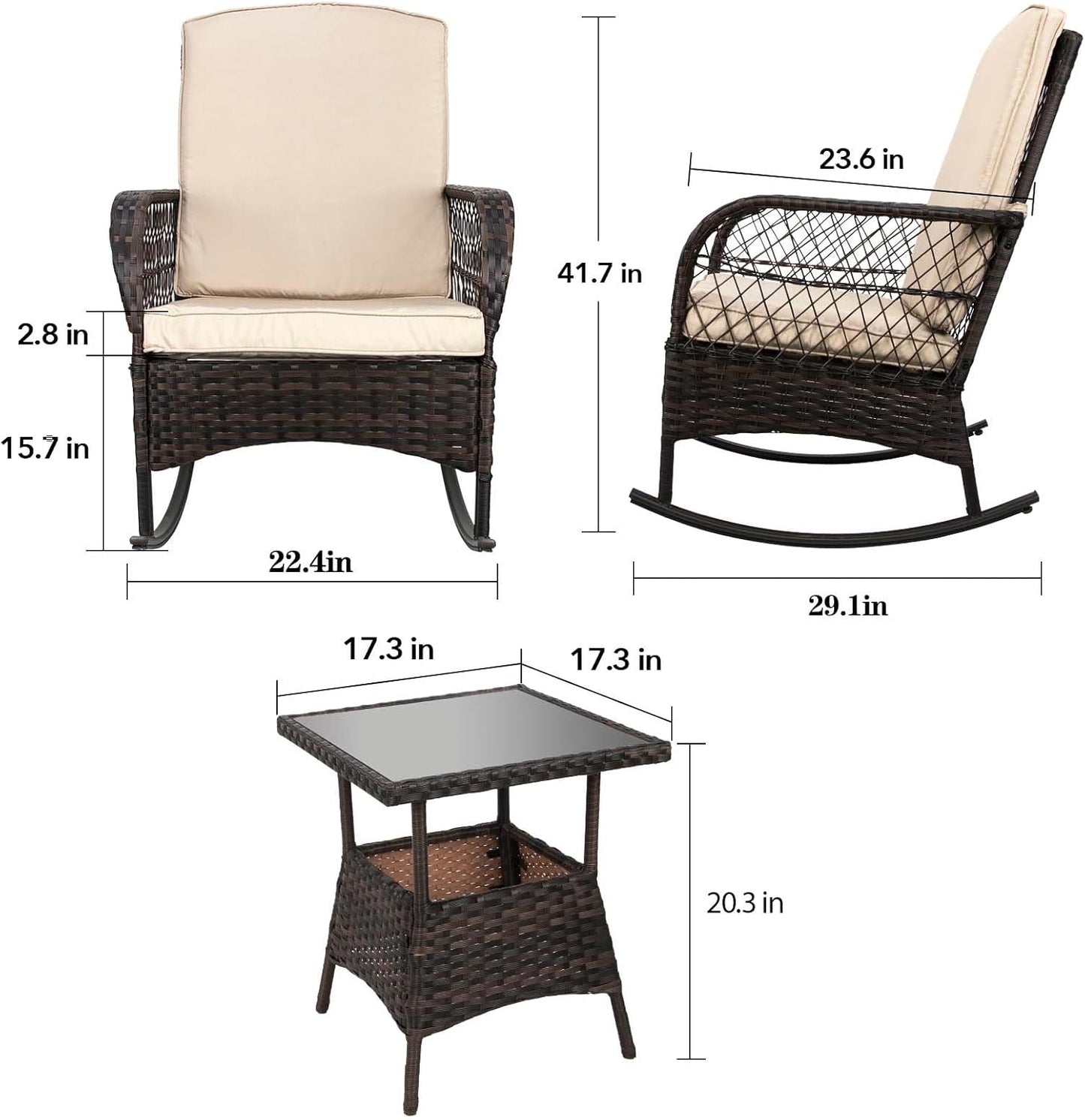 LEVELEVE 3 pcs Rocking Bistro Set Conversation Chairs PE Wicker Outdoor Rocking Chairs(Rocking Set,Sand)