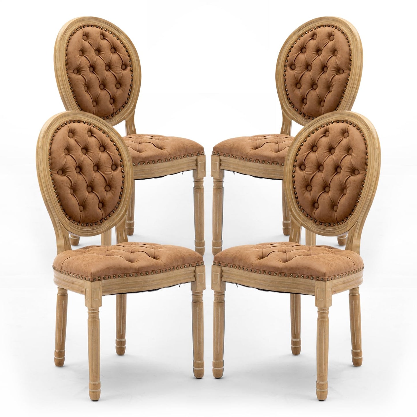 Rattan Dining Chairs Set of 4, French Country Cane Back Upholstered Kitchen Chairs, Solid Wood Farmhouse Side Chairs, Beige