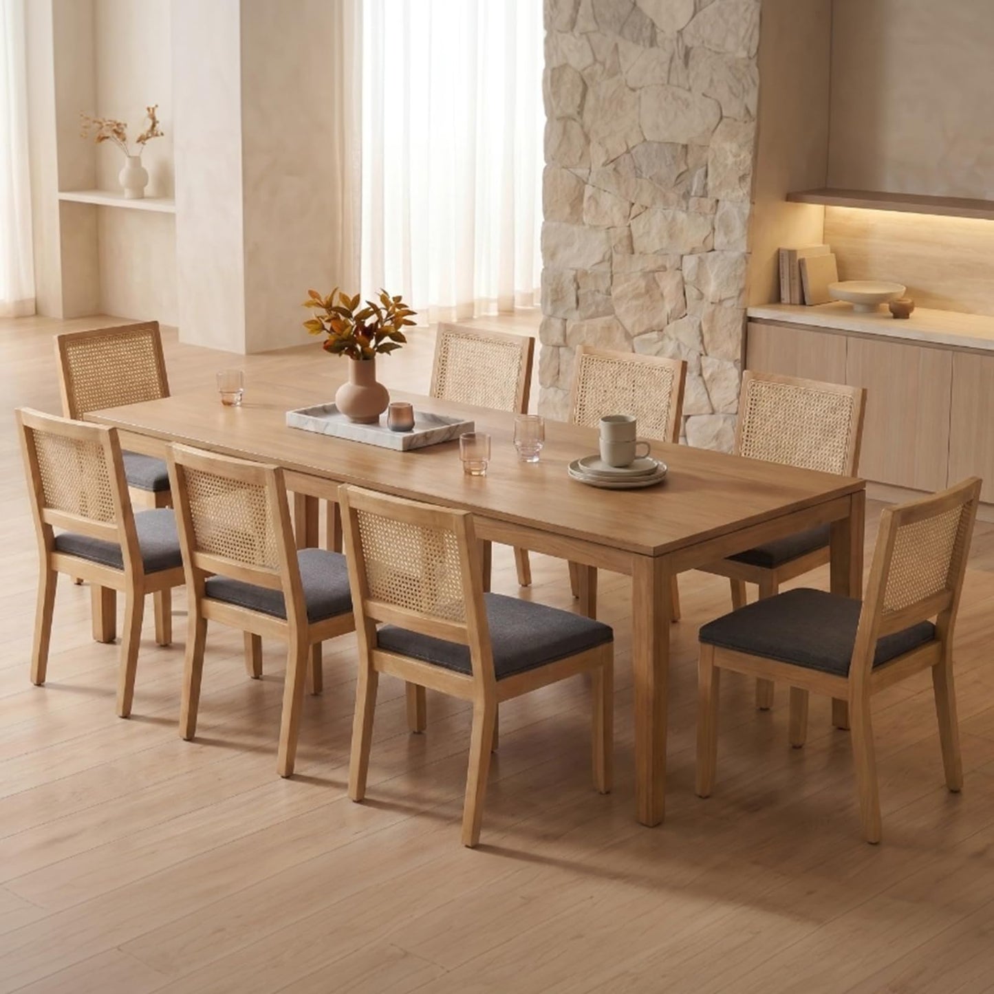 Farmhouse Dining Chairs Set of 4, French Country Woven Kitchen & Dining Room Chairs, Boho Woven Back Linen Upholstered Kitchen Chair, Solid Wood Frame, Sillas de Comedor (Beige, Woven, 4 Pcs)