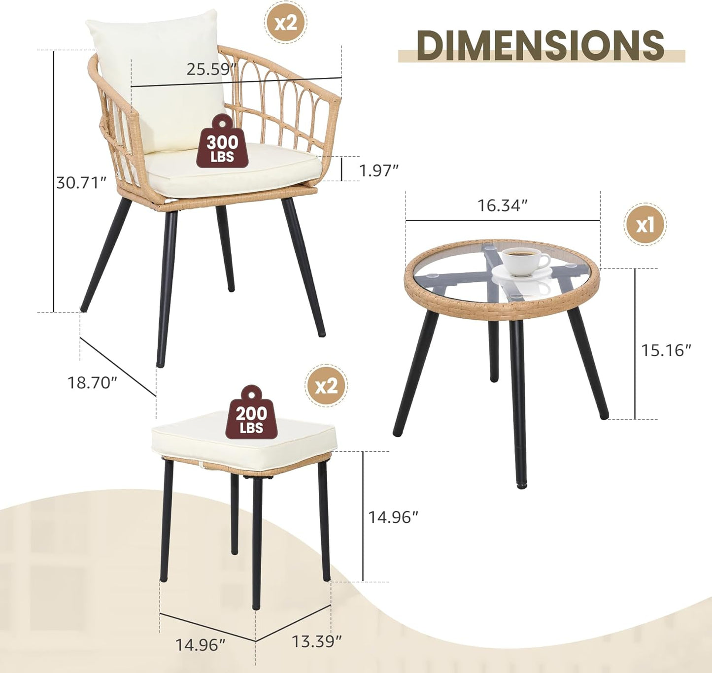 FHFO 5 Piece Patio Bistro Set with Ottoman, Outdoor Wicker Furniture Set, Rattan Balcony Furniture for Apartment, Garden, Porch, Backyard, Poolside, Natural-Beige