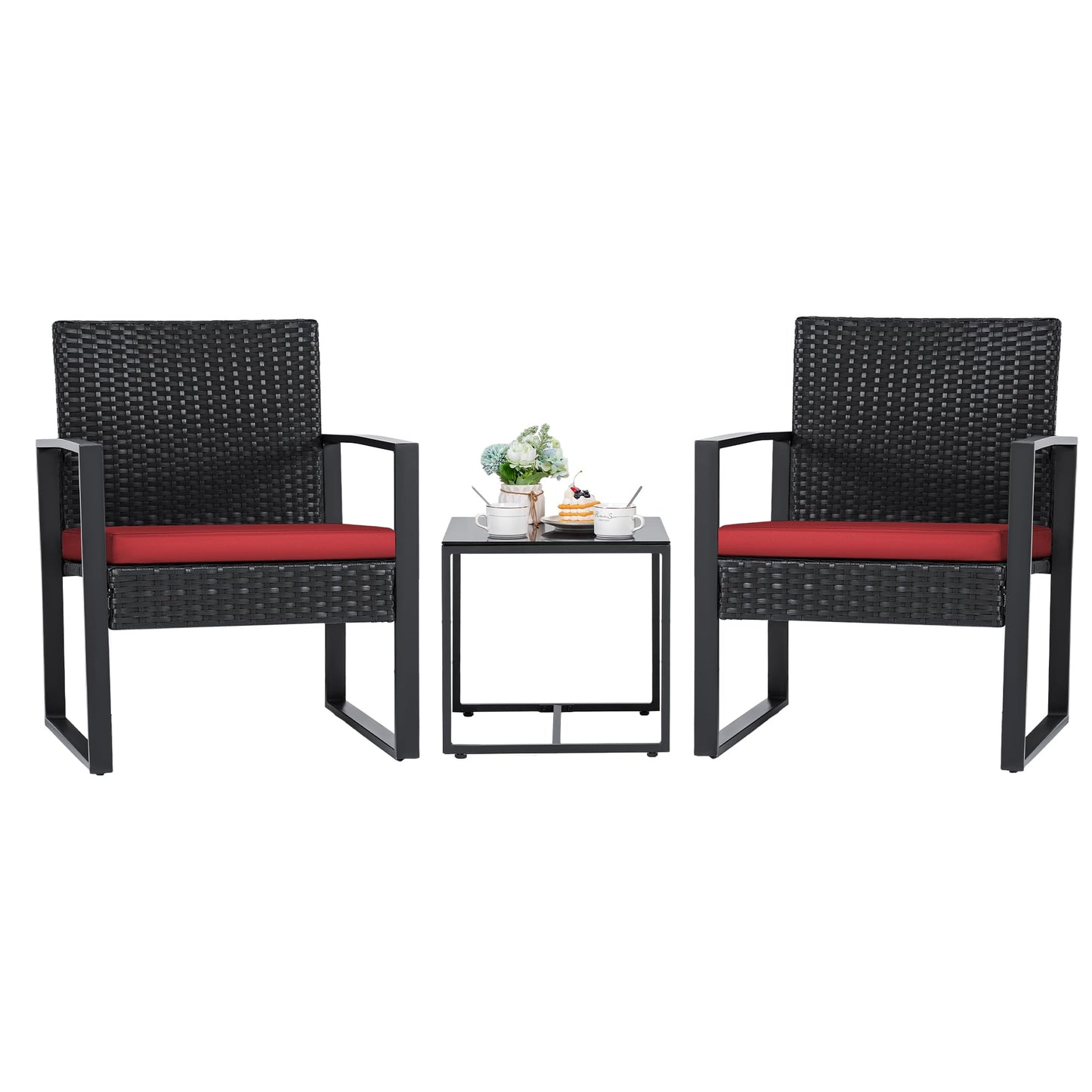Flamaker 3 Pieces Outdoor Patio Wicker Furniture Set, Modern Rattan Chair Conversation Sets with Coffee Table for Yard and Bistro (Black)