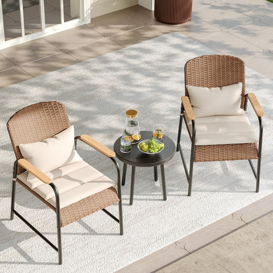 JOYURE 3 Pieces Outdoor Patio Furniture Set,All-Weather Wicker Rattan Bistro Set with Coffee Table and Cushions for Yard,Garden,Balcony,Beige