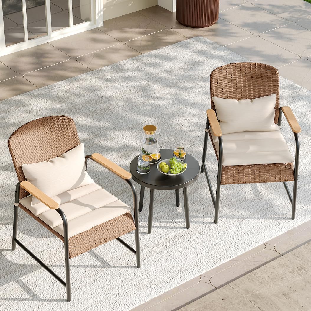 JOYURE 3 Pieces Outdoor Patio Furniture Set,All-Weather Wicker Rattan Bistro Set with Coffee Table and Cushions for Yard,Garden,Balcony,Beige