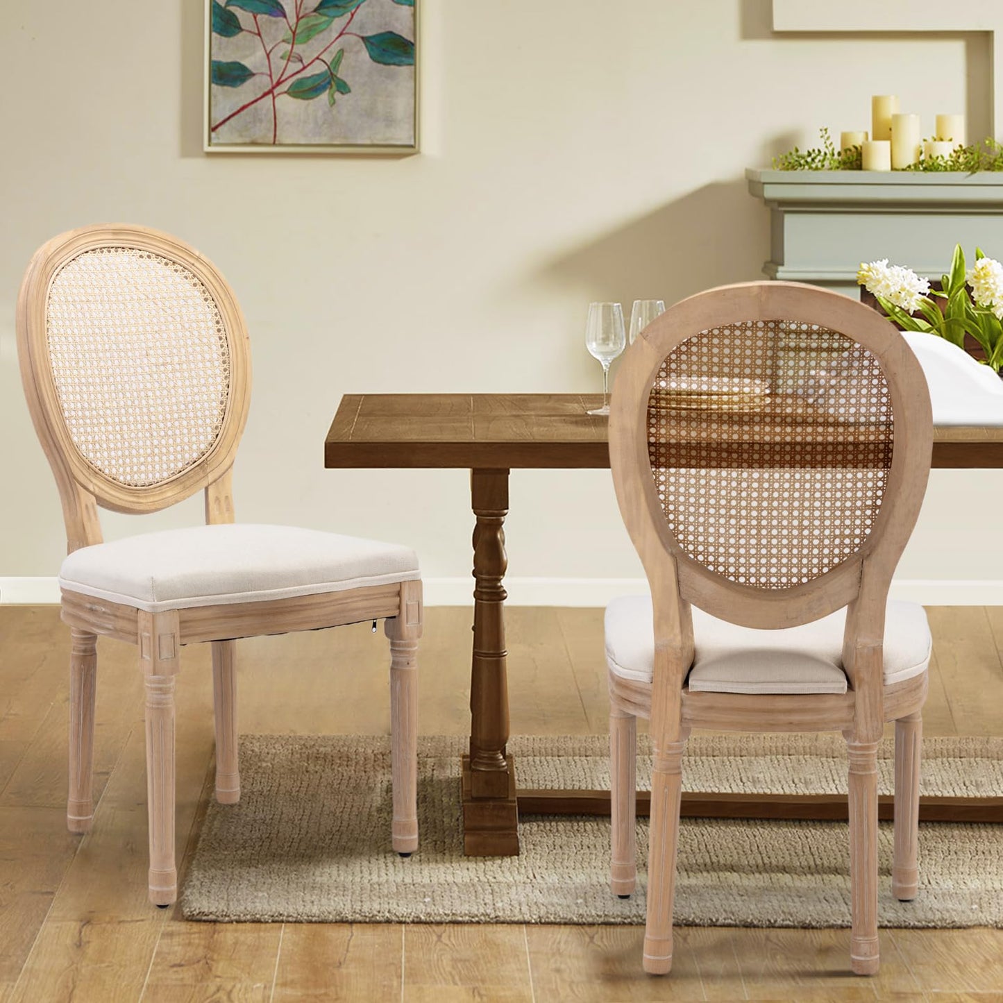 Rattan Dining Chairs Set of 4, French Country Cane Back Upholstered Kitchen Chairs, Solid Wood Farmhouse Side Chairs, Beige