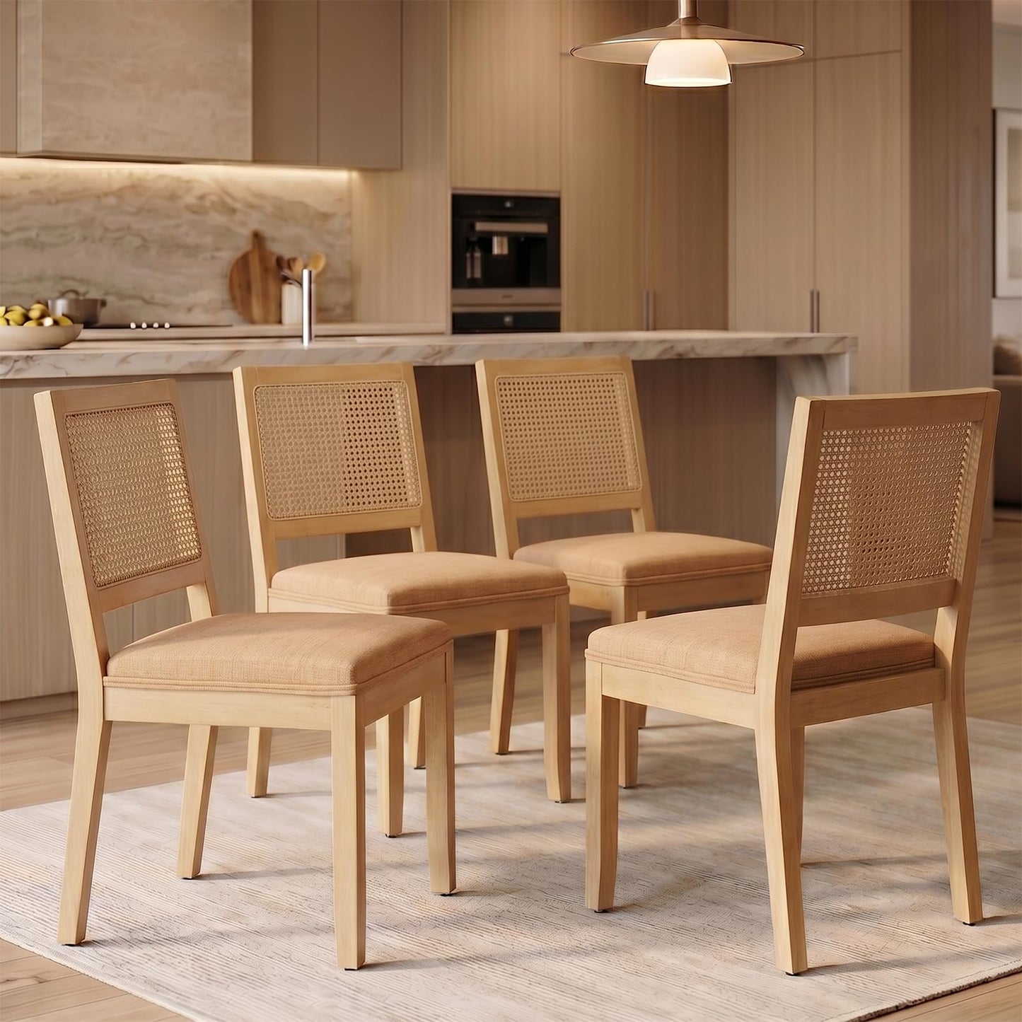 Farmhouse Dining Chairs Set of 6, French Country Rattan Kitchen & Dining Room Chairs, Cane Back Ivory Linen Upholstered Kitchen Chair, Solid Wood Frame, Sillas de Comedor (Beige, Rattan, 6 Pcs)