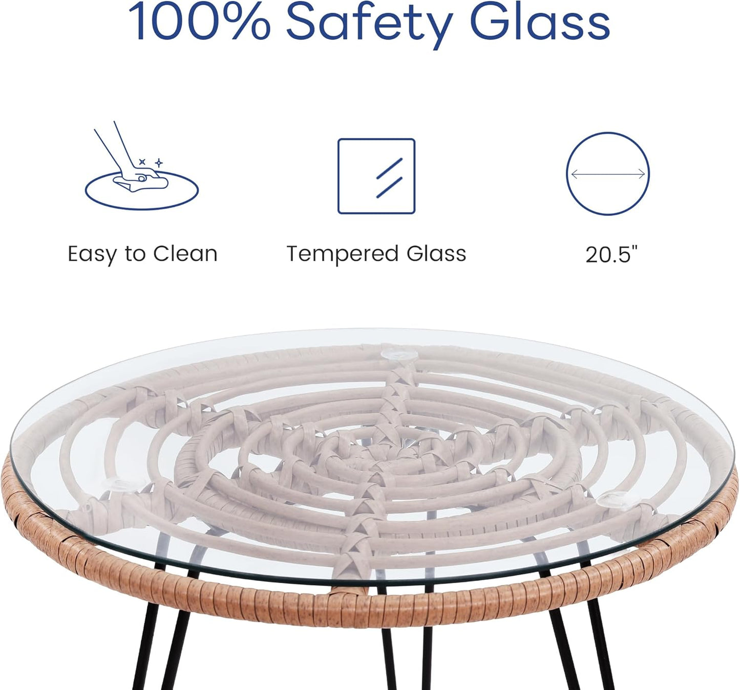 KROFEM 3 Piece Wicker Patio Bistro Furniture Set, Includes 2 Rattan Chairs and Glass Top Table, Ideal for Porch, Outdoor, Backyard, Apartment, Balcony, Natural