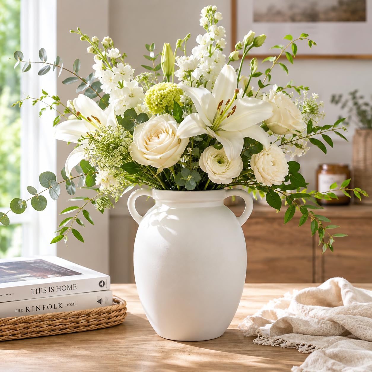 hjn Matte White Ceramic Vase, Nordic Farmhouse Jug Vase for Dried Pampas Grass & Fresh Flowers, Minimalist Boho Home Decor for Living Room Mantel Shelf Entryway(Round Shape-8''dx9''h)