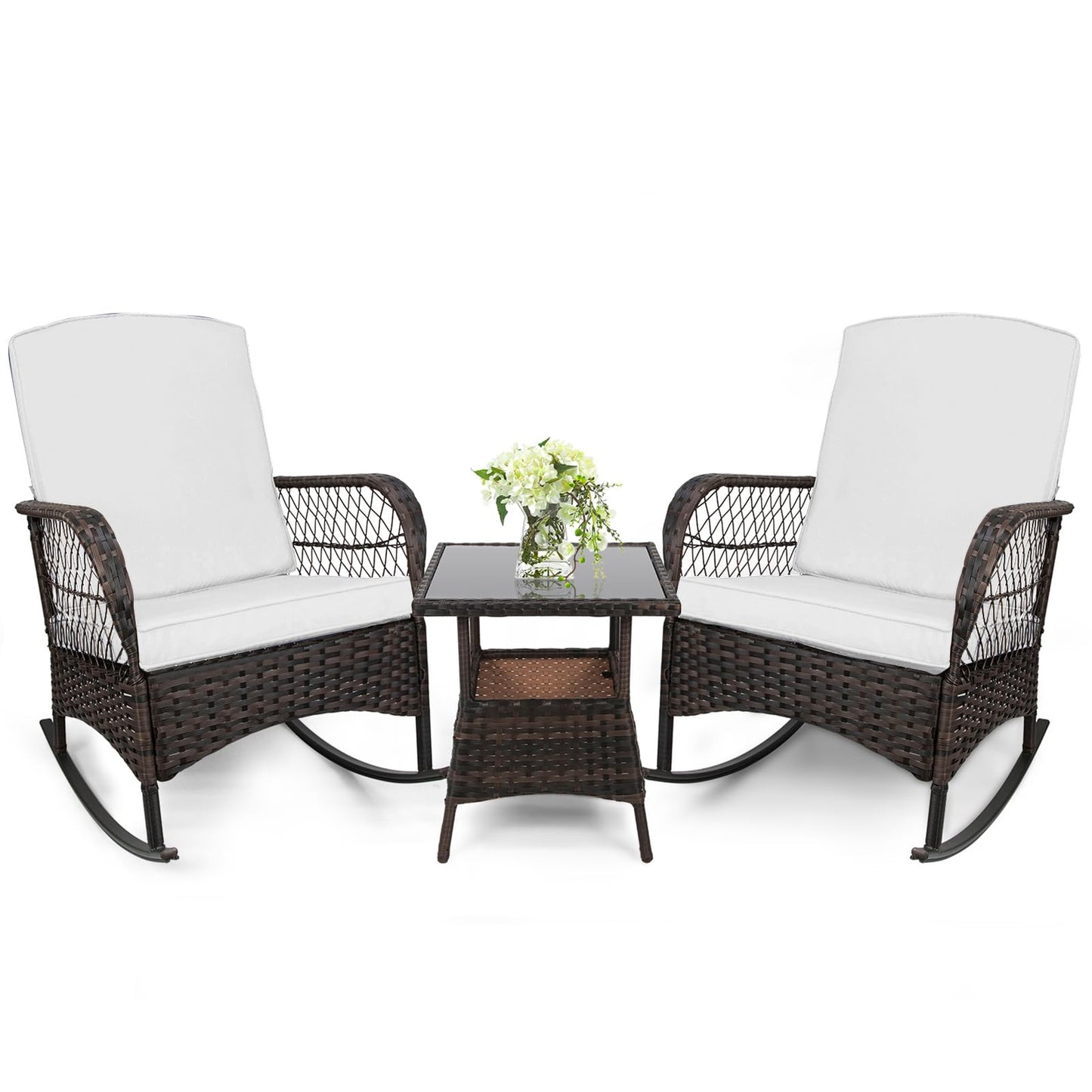 LEVELEVE 3 pcs Rocking Bistro Set Conversation Chairs PE Wicker Outdoor Rocking Chairs(Rocking Set,Sand)
