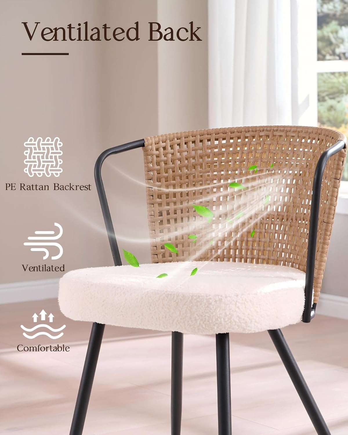 Brown Wingback PE Rattan Dining Chairs Set of 6 with Boucle Cushion & Metal Legs