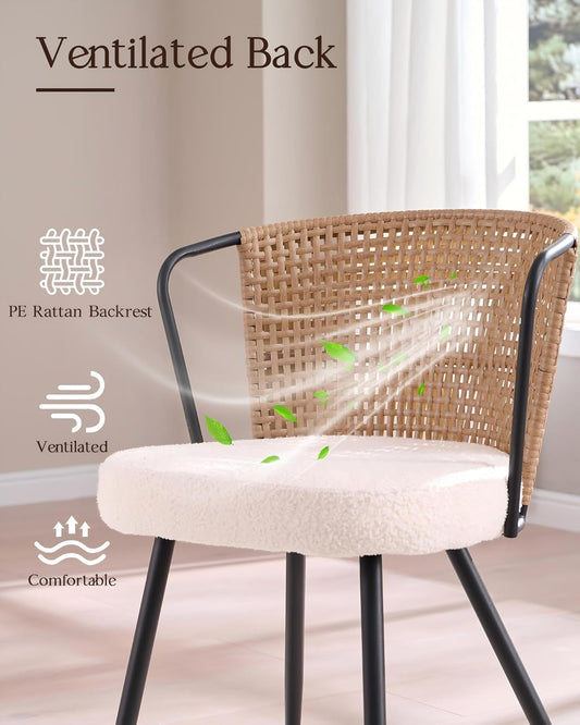 Brown Wingback PE Rattan Dining Chairs Set of 6 with Boucle Cushion & Metal Legs