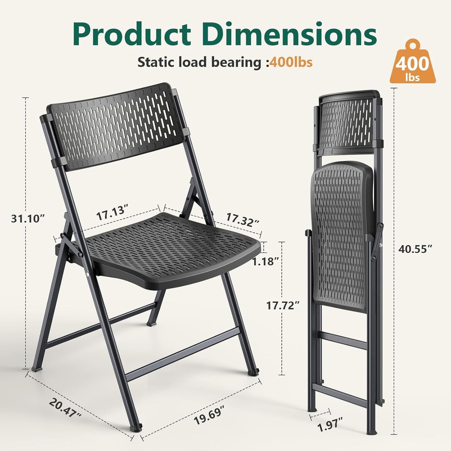 Black Folding Chairs 4-Pack, Breathable Plastic for Card Tables & Indoor Outdoor, Easy-Clean & Supports 400 Lbs