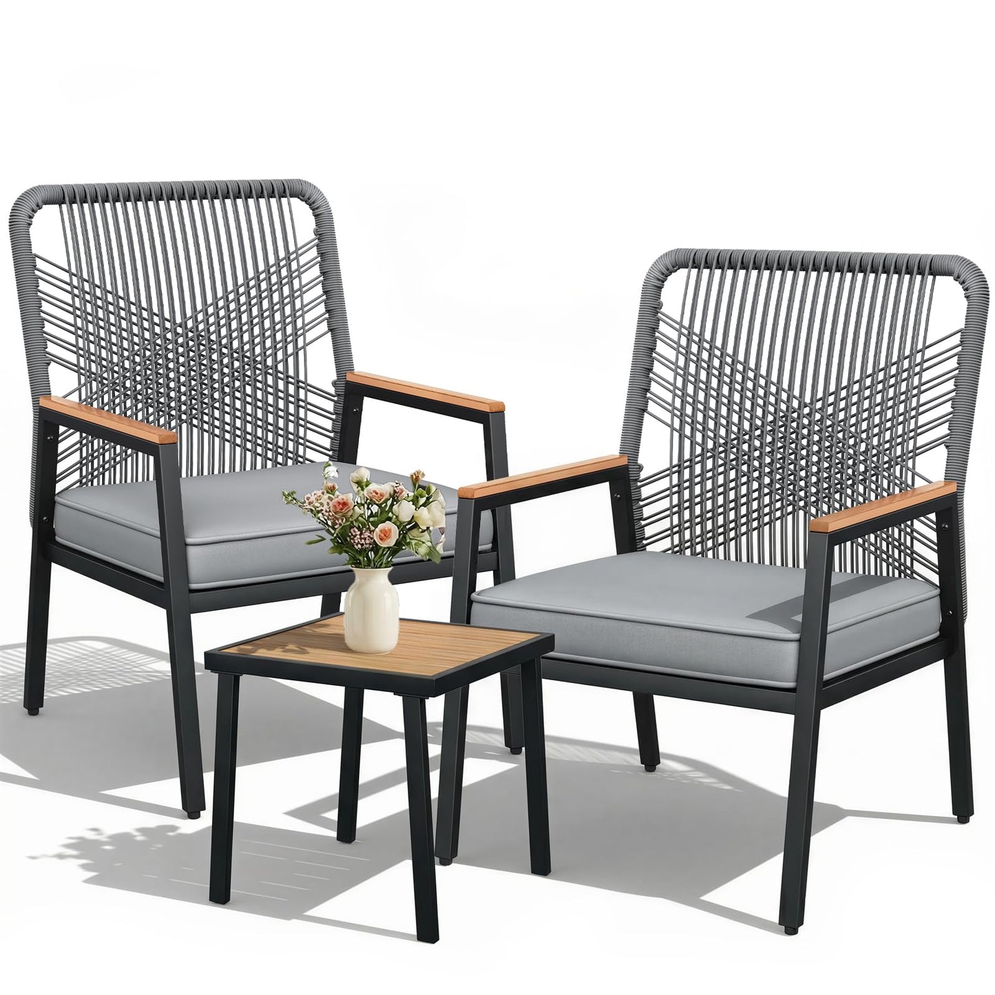 LIFERUN 3-Piece Patio Furniture Set, Outdoor Rattan Chairs with Table, Garden Set with 3.15in Thick Cushions, WPC Armrest, for Balcony, Backyard, Terrace, Beige