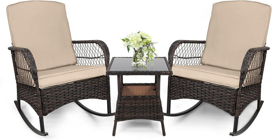 LEVELEVE 3 pcs Rocking Bistro Set Conversation Chairs PE Wicker Outdoor Rocking Chairs(Rocking Set,Sand)