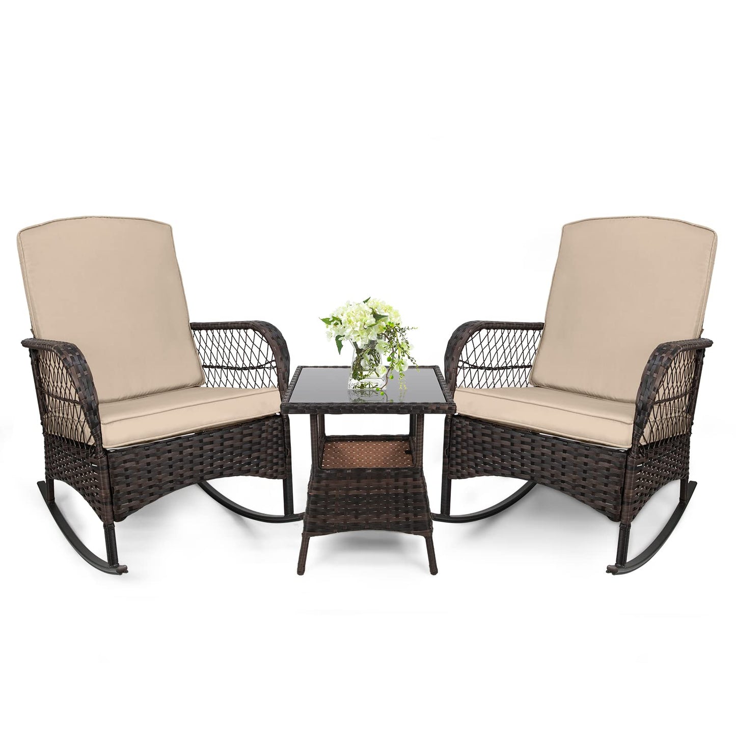 LEVELEVE 3 pcs Rocking Bistro Set Conversation Chairs PE Wicker Outdoor Rocking Chairs(Rocking Set,Sand)