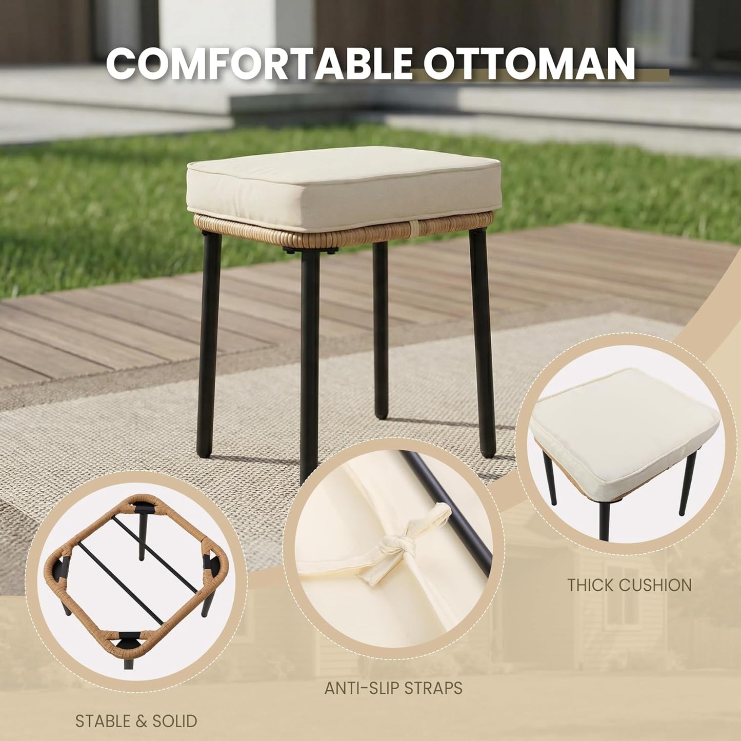 FHFO 5 Piece Patio Bistro Set with Ottoman, Outdoor Wicker Furniture Set, Rattan Balcony Furniture for Apartment, Garden, Porch, Backyard, Poolside, Natural-Beige