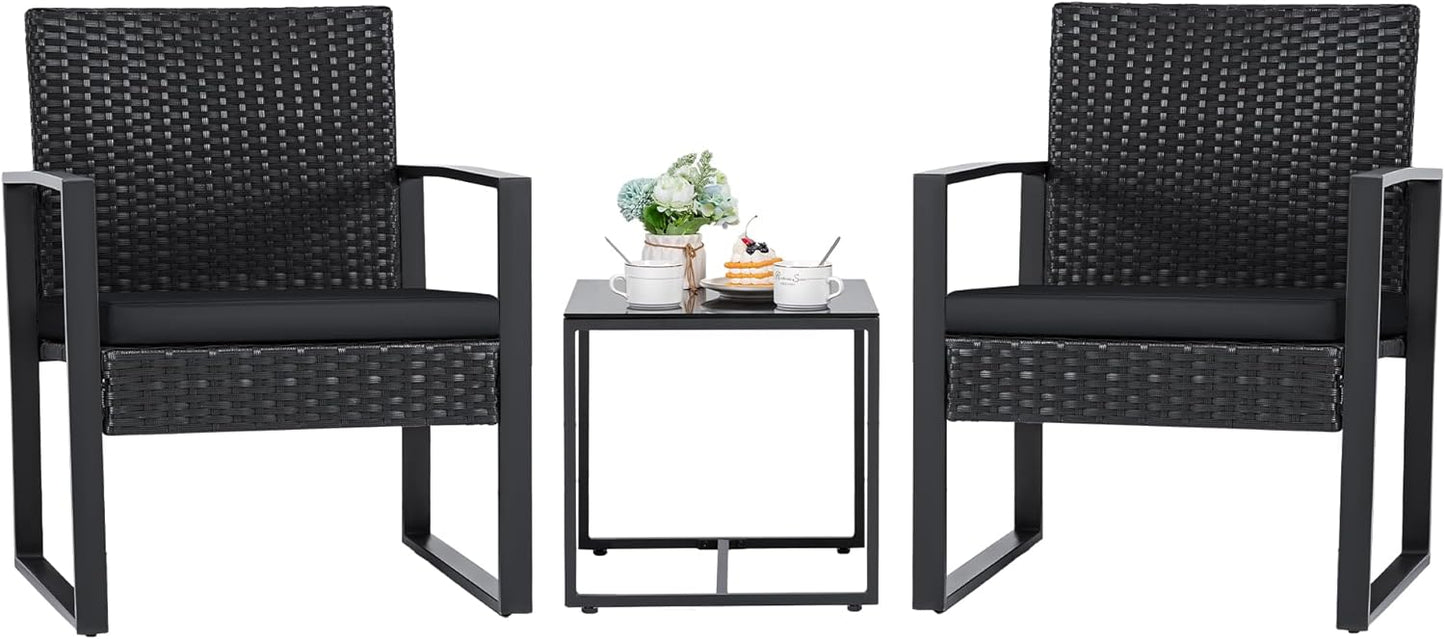 Flamaker 3 Pieces Outdoor Patio Wicker Furniture Set, Modern Rattan Chair Conversation Sets with Coffee Table for Yard and Bistro (Black)
