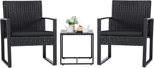 Flamaker 3 Pieces Outdoor Patio Wicker Furniture Set, Modern Rattan Chair Conversation Sets with Coffee Table for Yard and Bistro (Black)