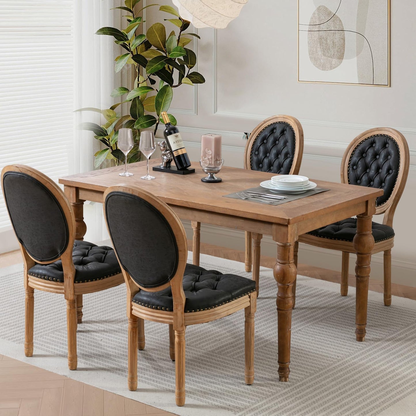 Rattan Dining Chairs Set of 4, French Country Cane Back Upholstered Kitchen Chairs, Solid Wood Farmhouse Side Chairs, Beige