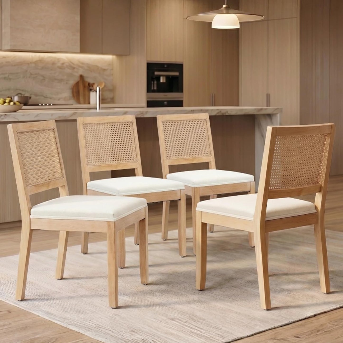 Farmhouse Dining Chairs Set of 6, French Country Rattan Kitchen & Dining Room Chairs, Cane Back Ivory Linen Upholstered Kitchen Chair, Solid Wood Frame, Sillas de Comedor (Beige, Rattan, 6 Pcs)