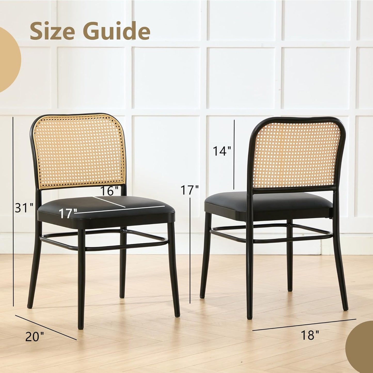 Rattan Dining Chairs Set of 4, Upholstered Faux Leather Dining Chairs with Cane Back, Mid Century Modern Kitchen & Dining Room Chairs, Boho Style, Black