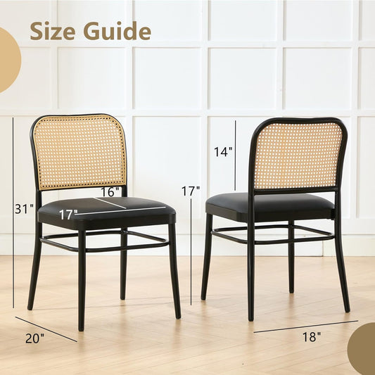 Rattan Dining Chairs Set of 4, Upholstered Faux Leather Dining Chairs with Cane Back, Mid Century Modern Kitchen & Dining Room Chairs, Boho Style, Black