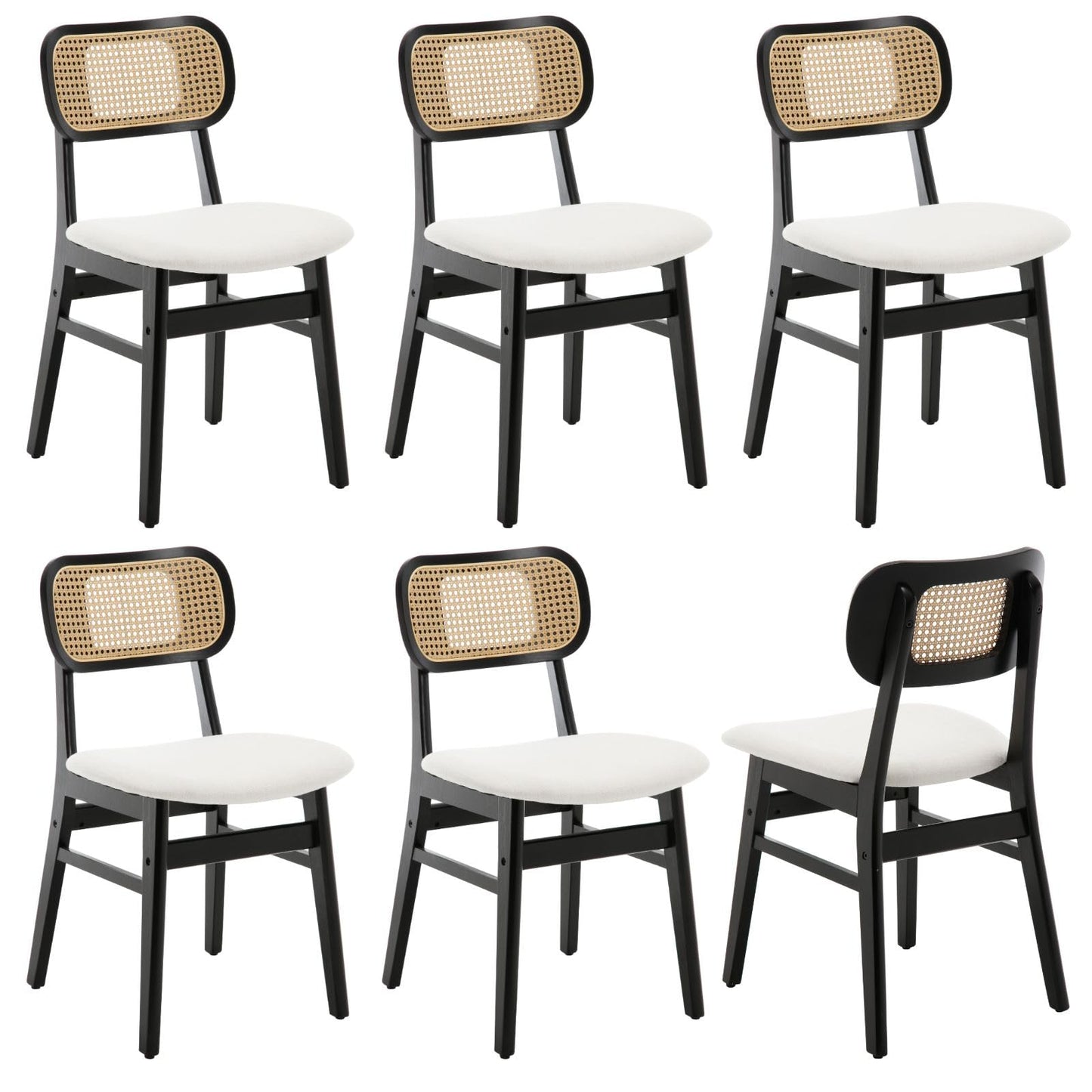 ROCITY Rattan Dining Chairs Set of 2 Beige Linen Fabric Dining Room Chairs Natural Wooden Kitchen Chairs Farmhouse Boho