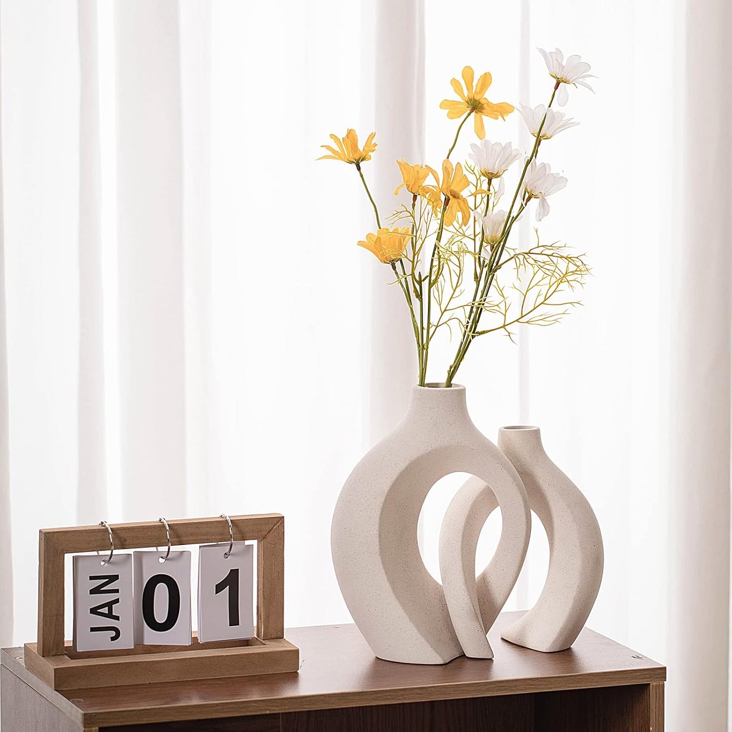Levvohd Hollow Ceramic Vase Set of 2, Modern Nordic Minimalist Book Style Boho Aesthetic Vases for Home Decor Living Room Shelf Entryway Coffee Centerpiece Table Decorative (Cream White)