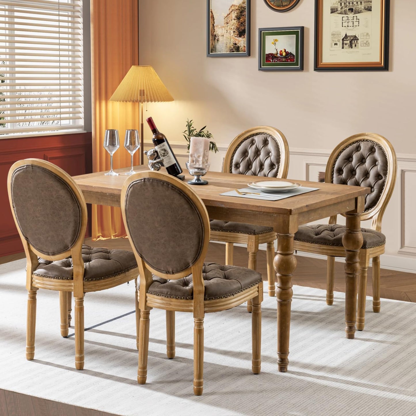 Rattan Dining Chairs Set of 4, French Country Cane Back Upholstered Kitchen Chairs, Solid Wood Farmhouse Side Chairs, Beige