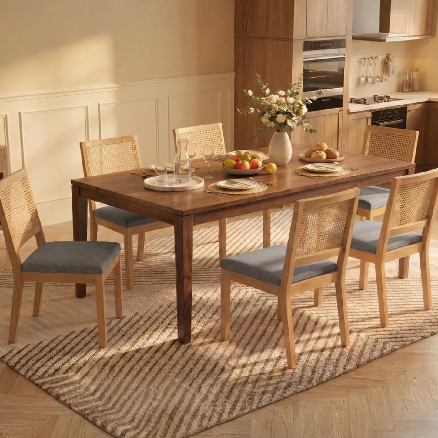 Farmhouse Dining Chairs Set of 6, French Country Rattan Kitchen & Dining Room Chairs, Cane Back Ivory Linen Upholstered Kitchen Chair, Solid Wood Frame, Sillas de Comedor (Beige, Rattan, 6 Pcs)